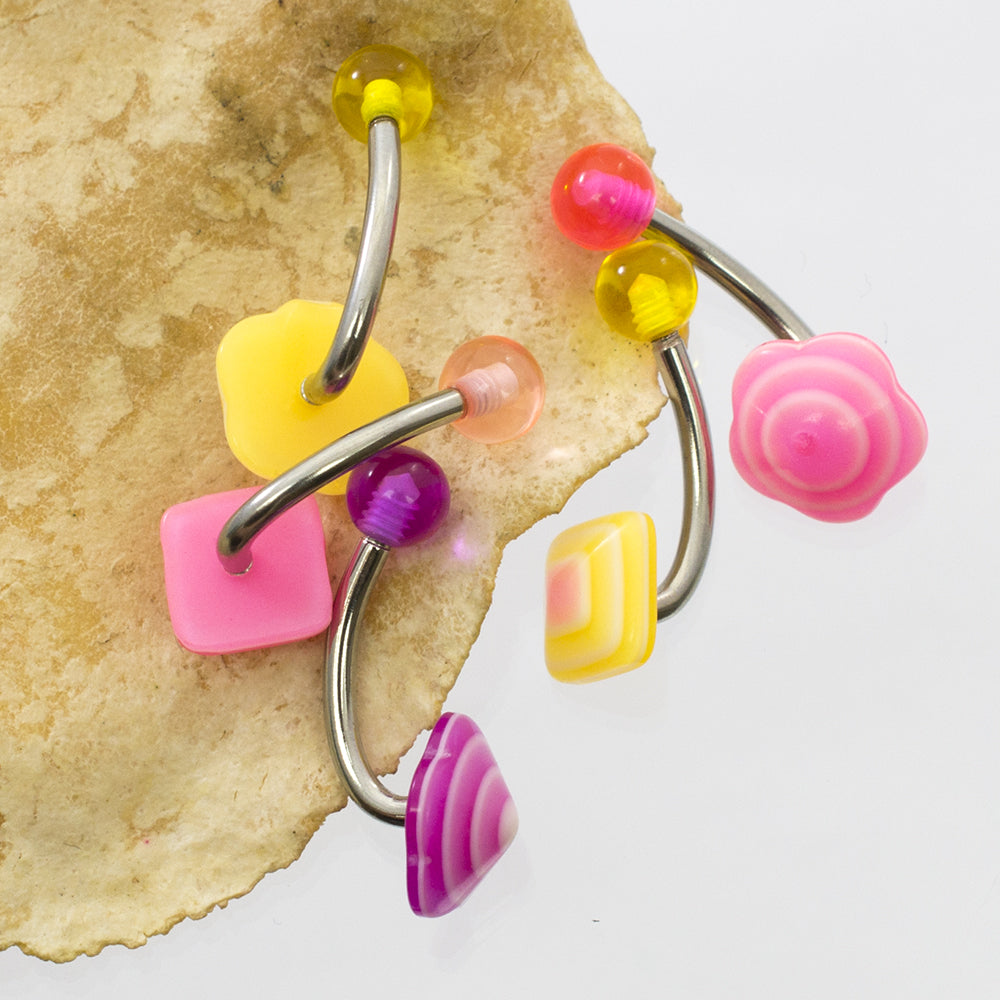 Acrylic Flower & Diamond Belly Button Rings 14 Gauge 10mm - 5 Pack