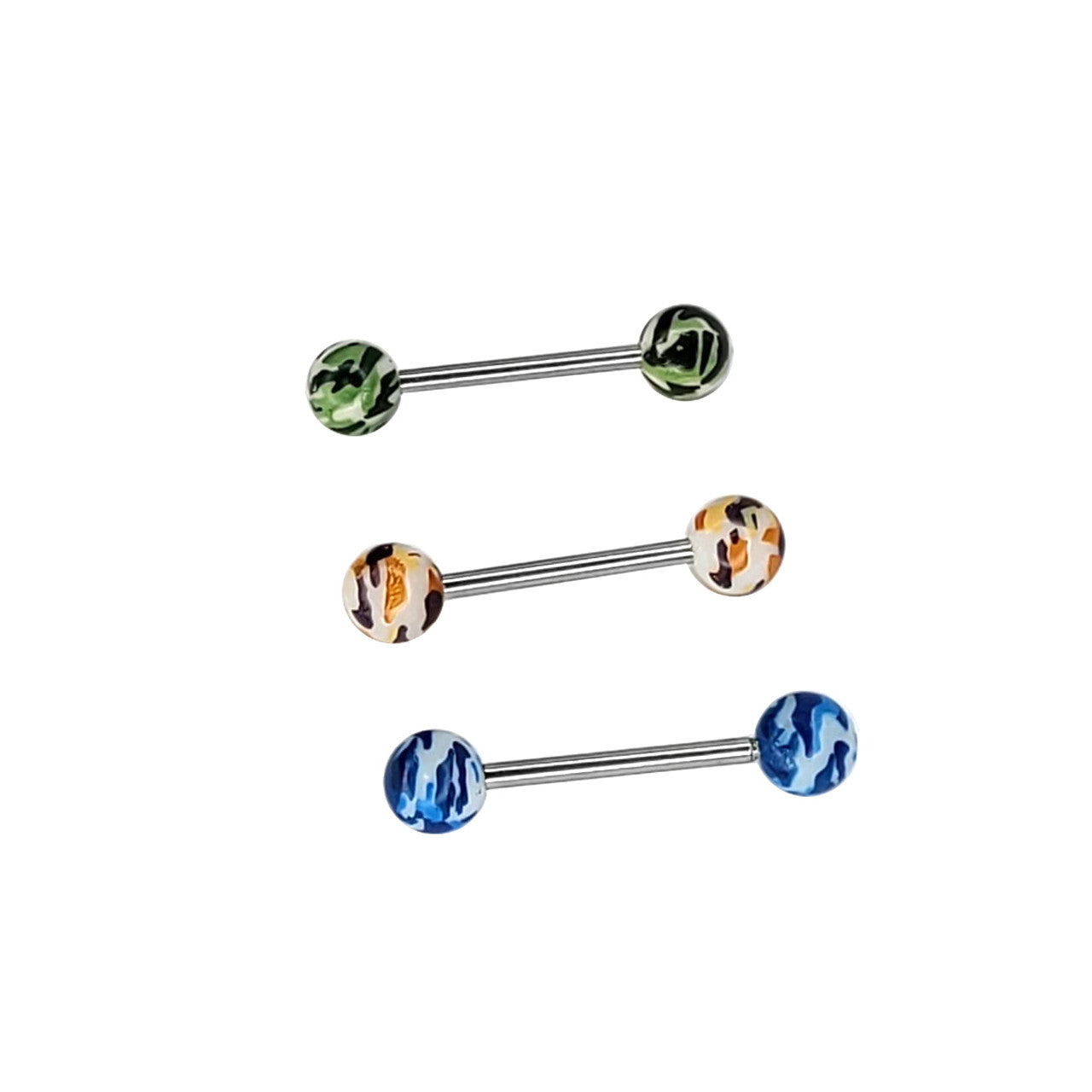 Surgical Steel Straight Barbell 14 Gauge & Acrylic Camouflage - 3 Pack