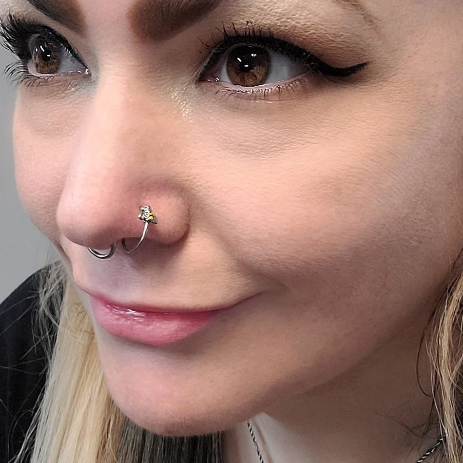 Surgical Steel Nose Ring Hoop 20 Gauge 5/16" With Front Bumble Bee
