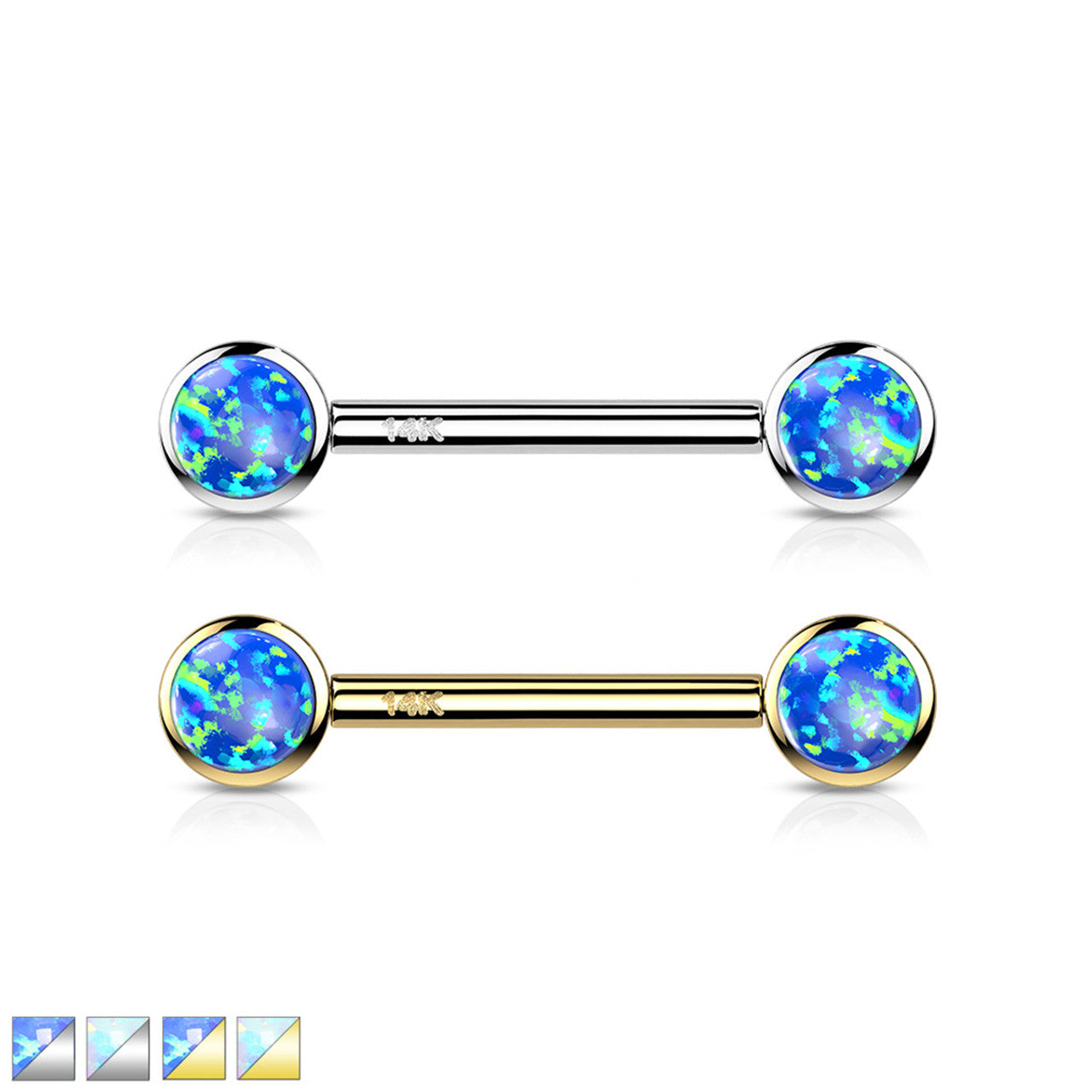14 Karat Solid Gold Nipple Ring Barbell 14 Gauge 14 MM With Round Opal