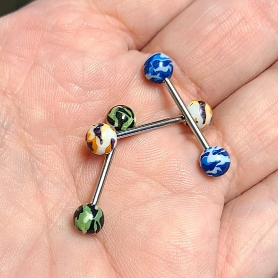 Surgical Steel Straight Barbell 14 Gauge & Acrylic Camouflage - 3 Pack