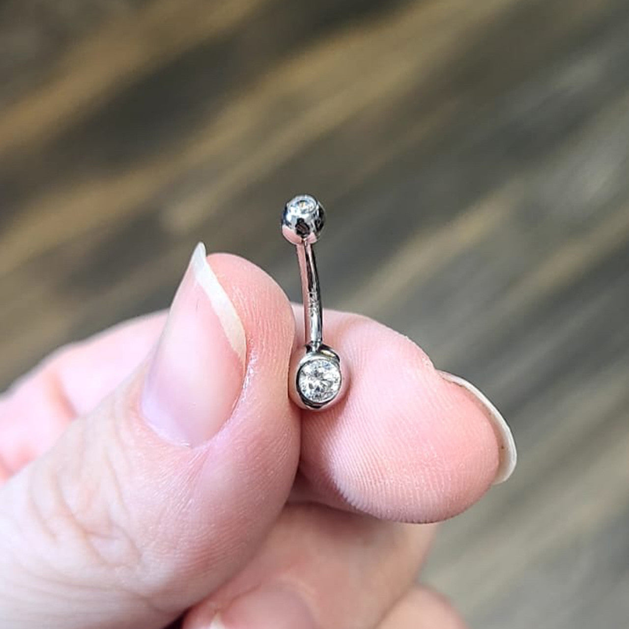 14 Karat Solid Gold Belly Ring 14 Gauge & Double CZ Gems
