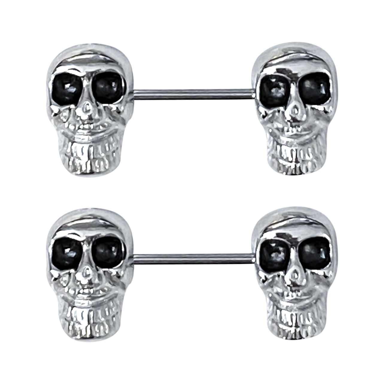 Surgical Steel Barbell Nipple Ring 14 Gauge & Black Eyes Skull - Pair