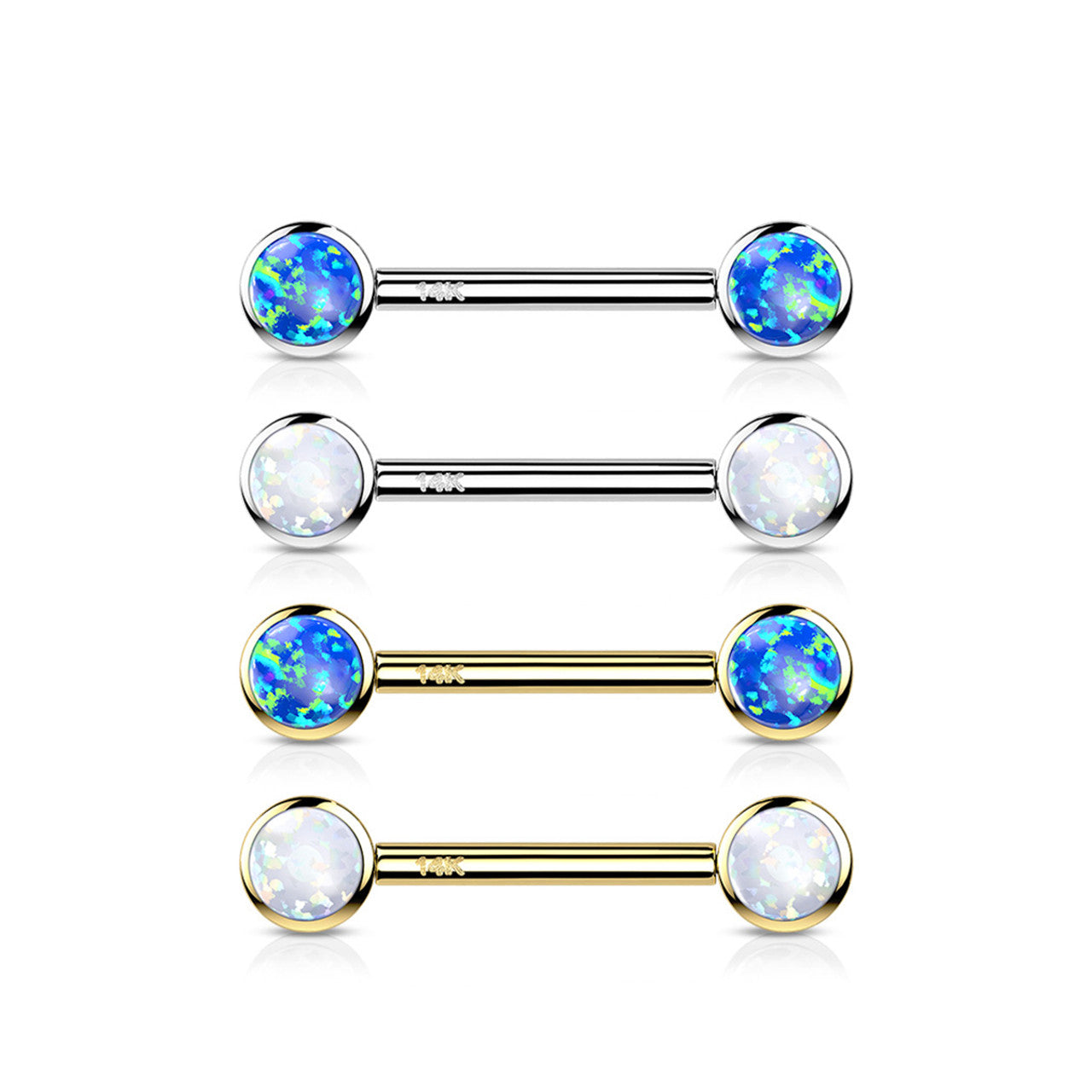 14 Karat Solid Gold Nipple Ring Barbell 14 Gauge 14 MM With Round Opal