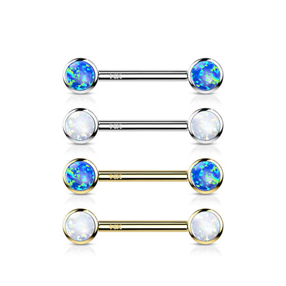 14 Karat Solid Gold Nipple Ring Barbell 14 Gauge 14 MM With Round Opal