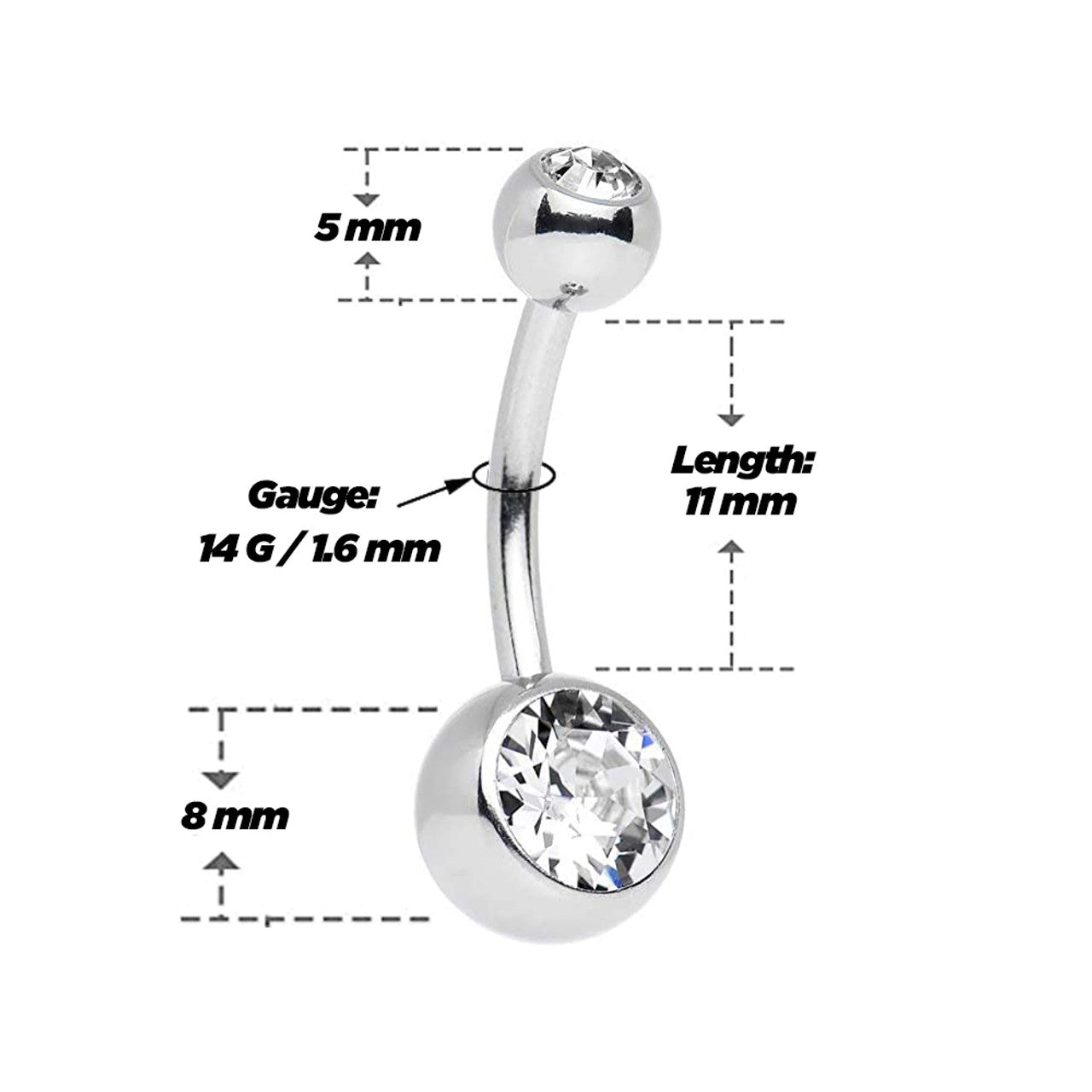 Surgical Steel Belly Button Ring 14 Gauge With Double Gem - 5 Pieces