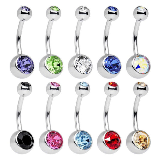 Surgical Steel Belly Button Ring 14 Gauge With Double Gem - 10 Pieces