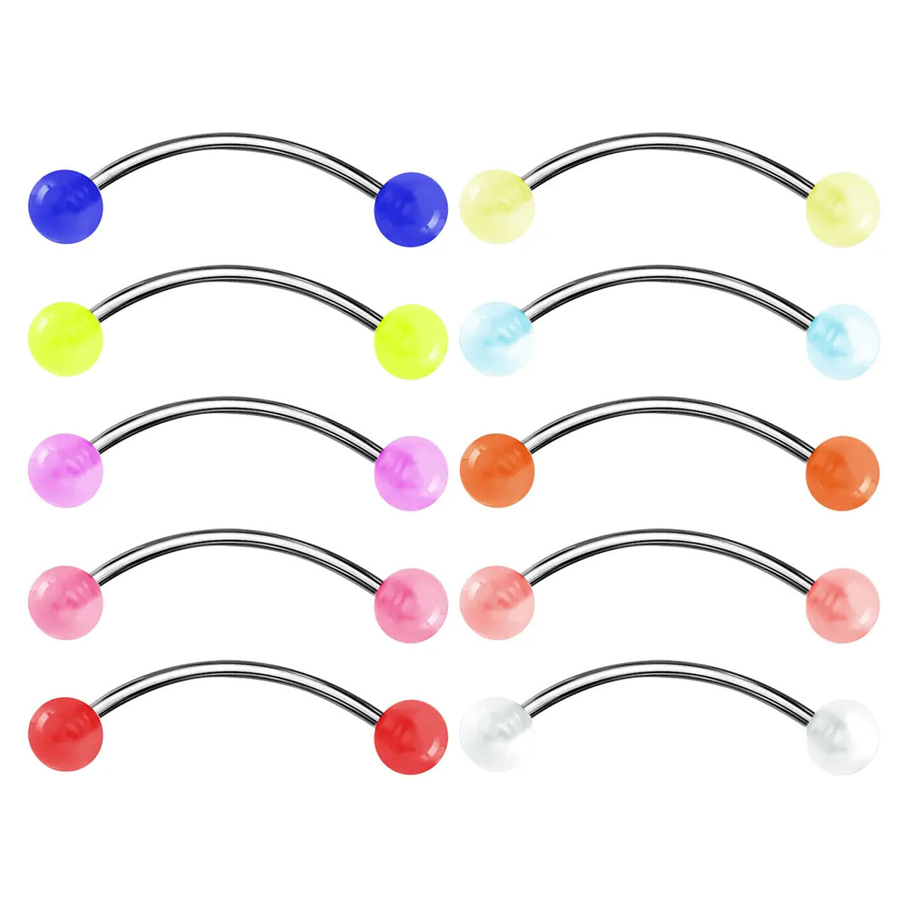 Surgical Steel Curved Barbell Tongue Ring 16 Gauge U/V Ball - 10 Pack