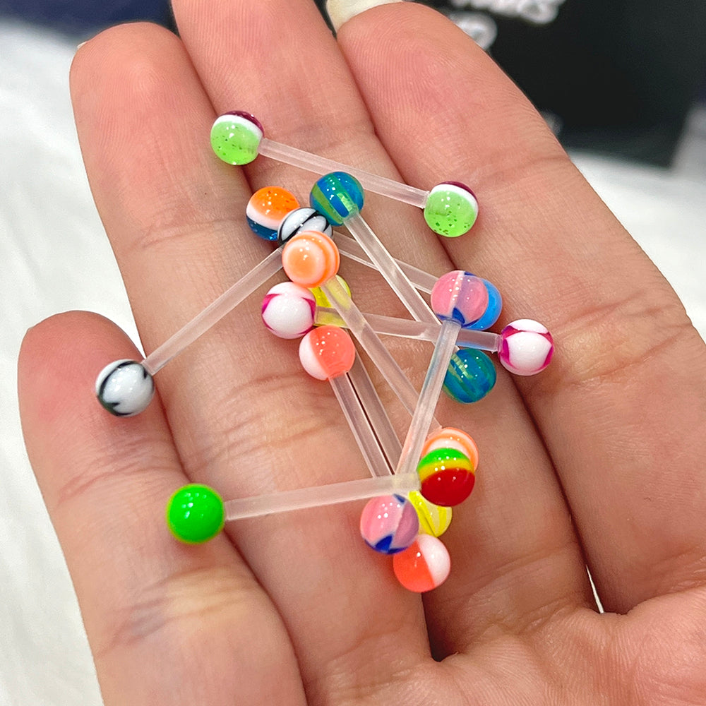 Acrylic 14 Gauge Straight Barbell Tongue Ring & Stripe Ball - 10 Pack