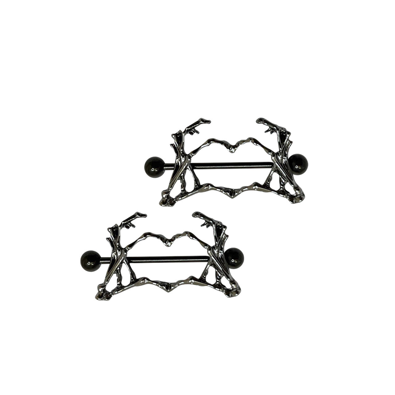 Surgical Steel Nipple Ring Barbell Shield 14 Gauge Skeleton Heart Pair
