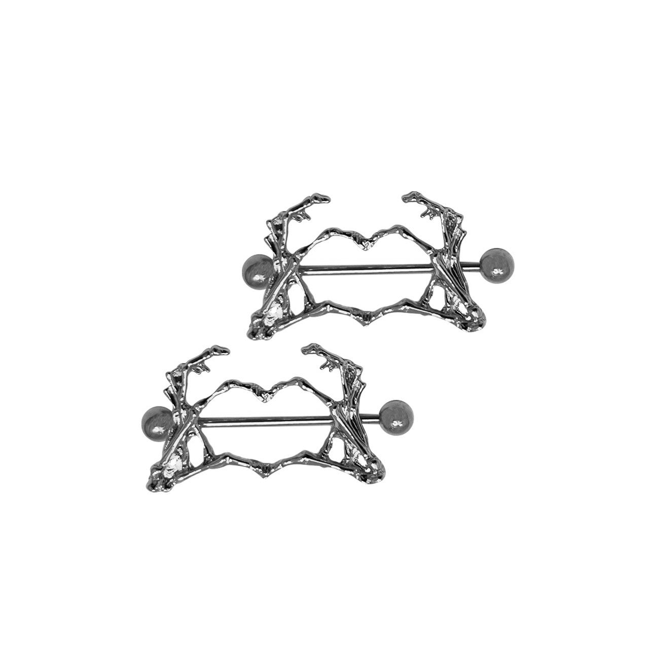 Surgical Steel Nipple Ring Barbell Shield 14 Gauge Skeleton Heart Pair