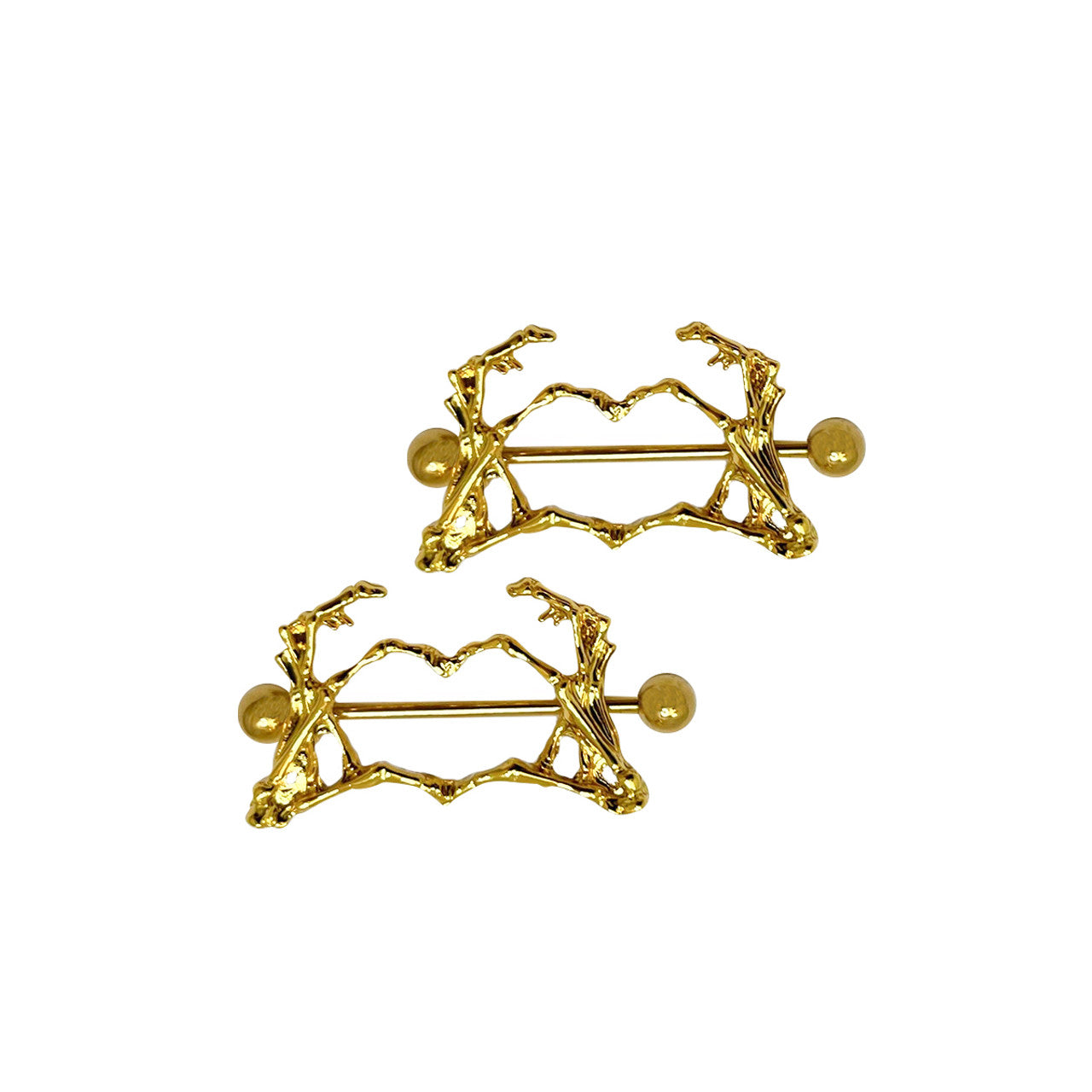 Surgical Steel Nipple Ring Barbell Shield 14 Gauge Skeleton Heart Pair