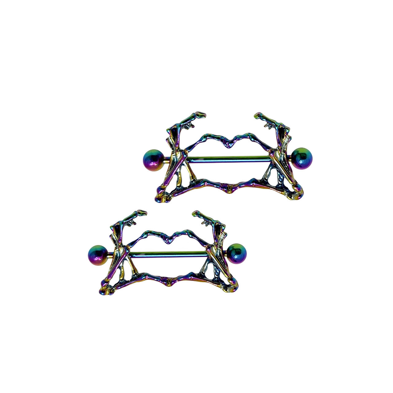 Surgical Steel Nipple Ring Barbell Shield 14 Gauge Skeleton Heart Pair
