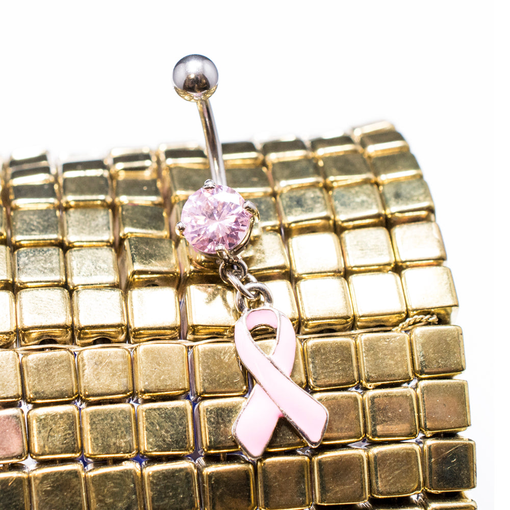 Surgical Steel 14 Gauge Pink Ribbon Belly Ring with Prong CZ - photo 4