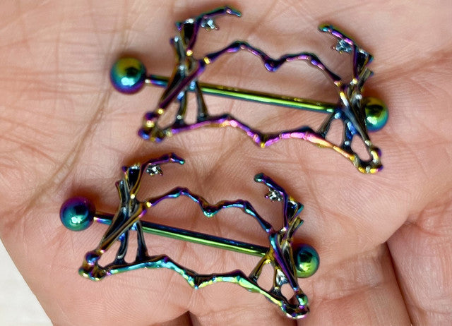 Surgical Steel Nipple Ring Barbell Shield 14 Gauge Skeleton Heart Pair