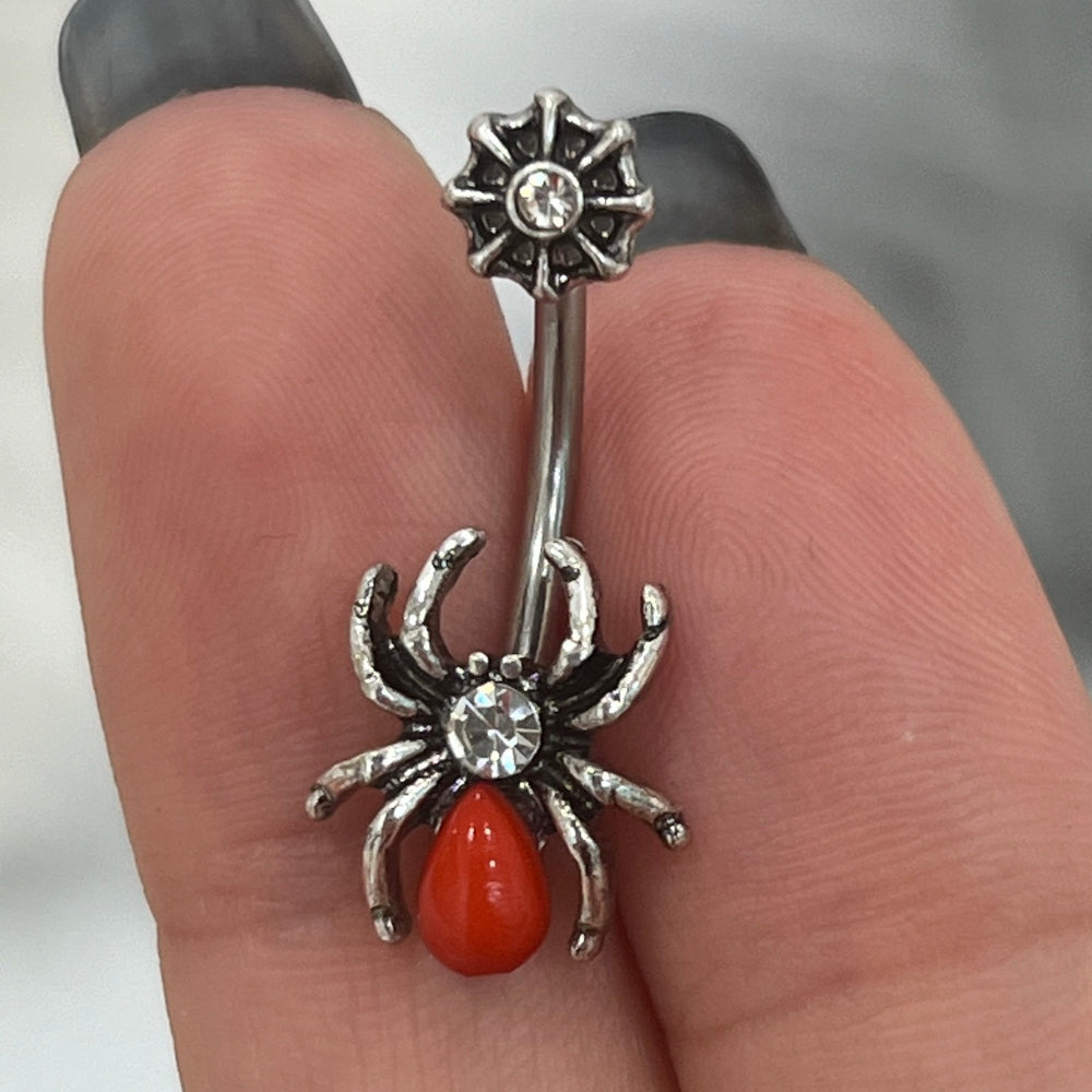 Surgical Steel 14 Gauge Belly Ring with Red CZ Spider on Web - photo 5