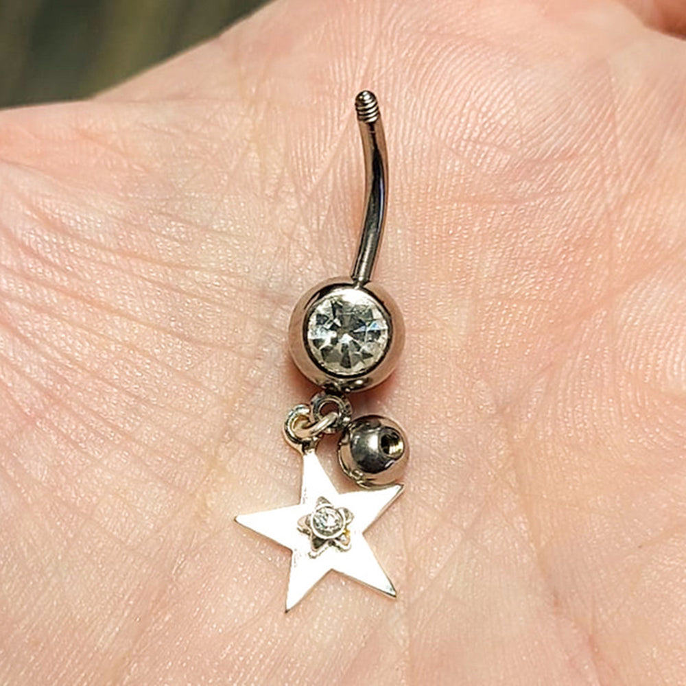 Surgical Steel 14 Gauge Belly Ring with Green CZ Star Dangle - photo 3