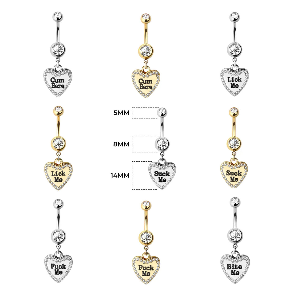 Surgical Steel Dangle Belly Button Ring 14 Gauge CZ Gem & Naughty Text