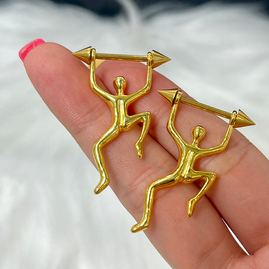 Surgical Steel 14 Gauge Nipple Barbell with Gold Climbing Figure - Pair