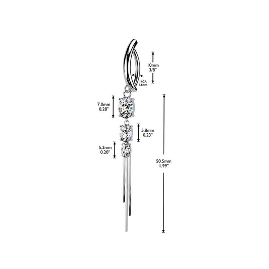 Surgical Steel 14 Gauge Hinged Belly Ring with Chain Dangling CZ