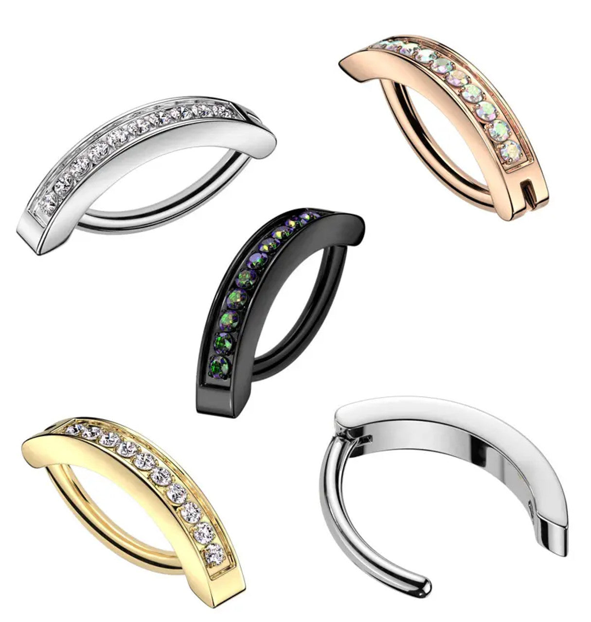 Titanium Belly Ring Hinged Hoop Clicker 14 Gauge with CNC Set CZ Gems