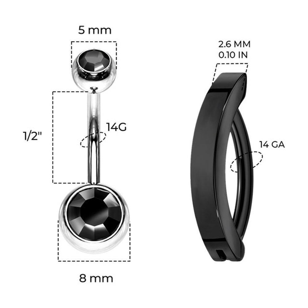 Titanium Black Hinged Belly Ring 14G 12mm with CZ - 2 Pack - photo 3