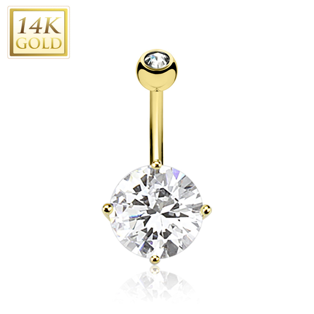 14K Solid Gold 14 Gauge Prong Set CZ Belly Ring - 3/8 Inch - photo 2