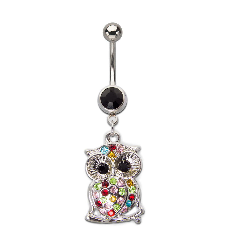 Surgical Steel 14 Gauge Belly Ring with Multi Gem Owl Dangle