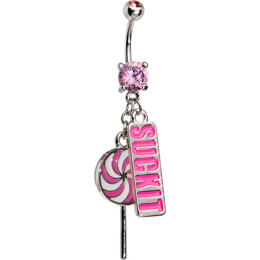 Surgical Steel Belly Button Ring 14 Gauge With Lollipop Suck It Charm