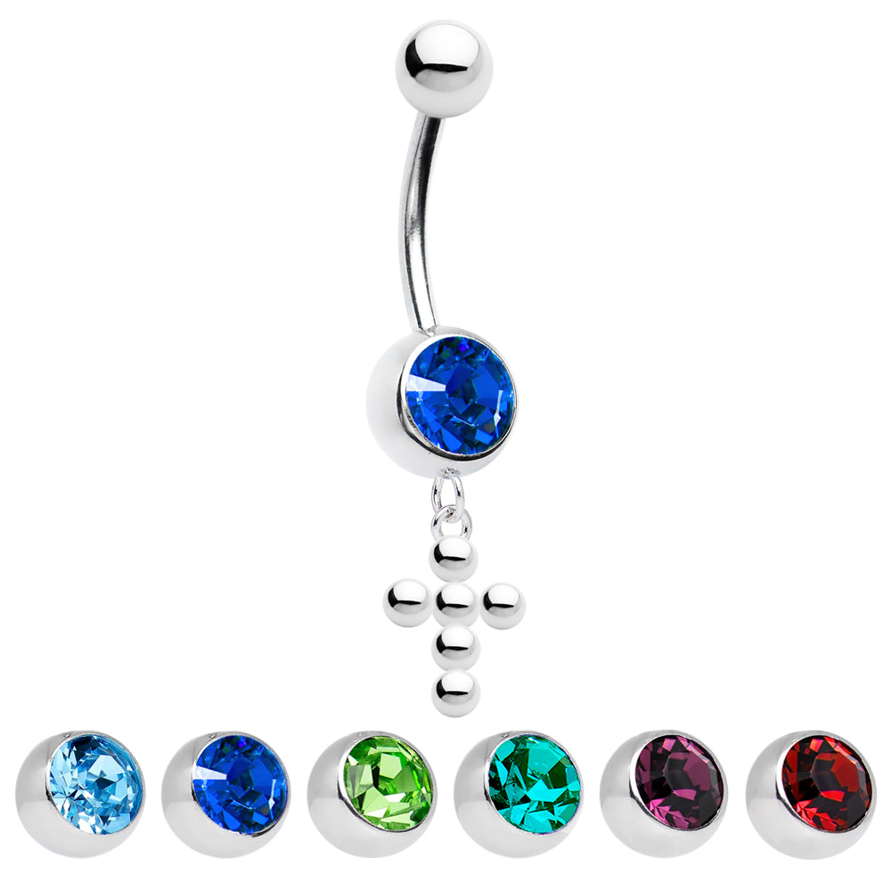 Surgical Steel 14 Gauge Belly Ring with Dangle Cross Large CZ Gem