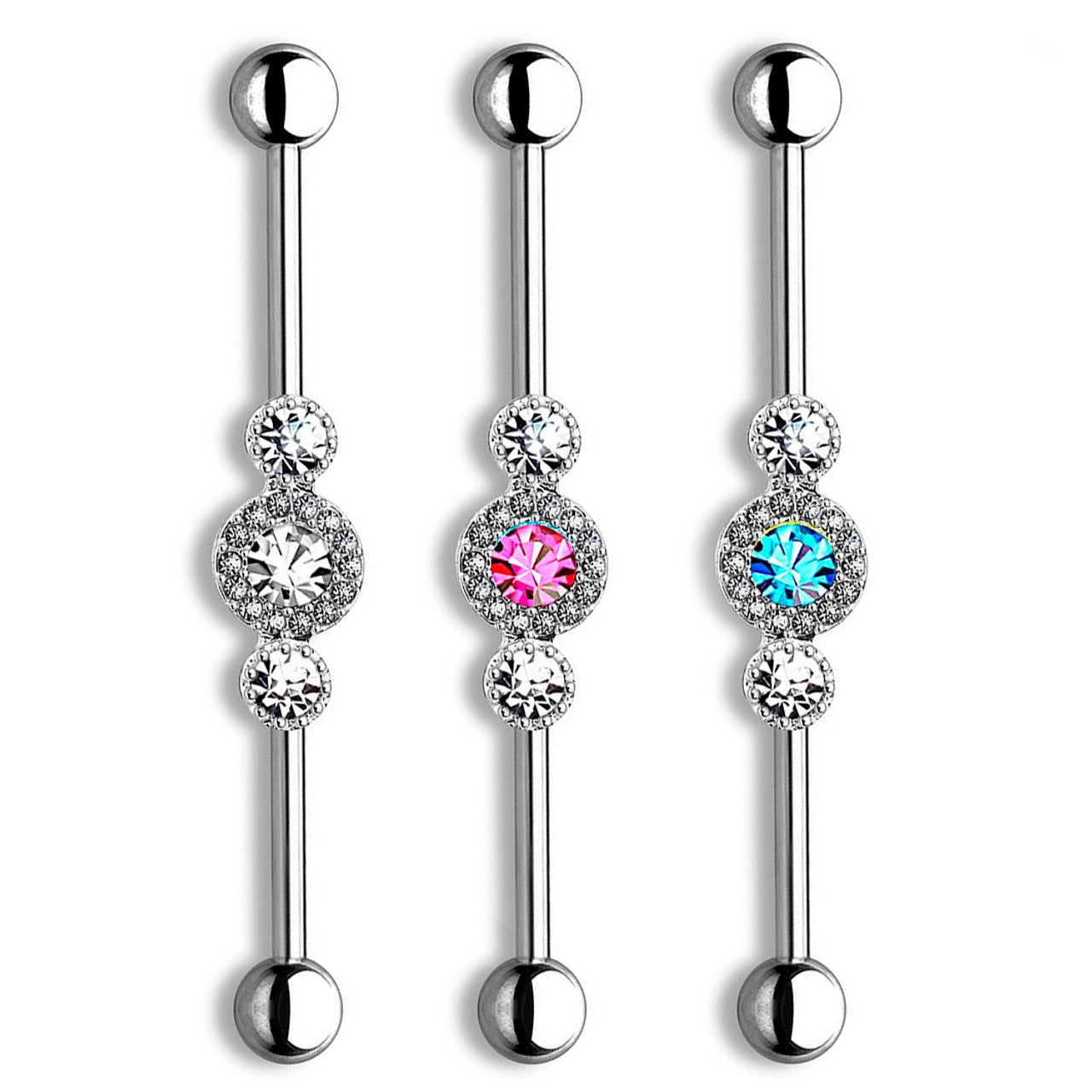 Surgical Steel Industrial Barbell 14 Gauge 1-1/2" & Center CZ Gem