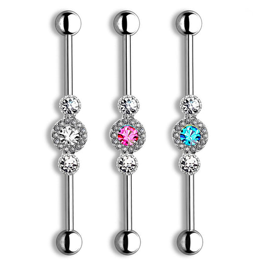 Surgical Steel Industrial Barbell 14 Gauge 1-1/2" & Center CZ Gem