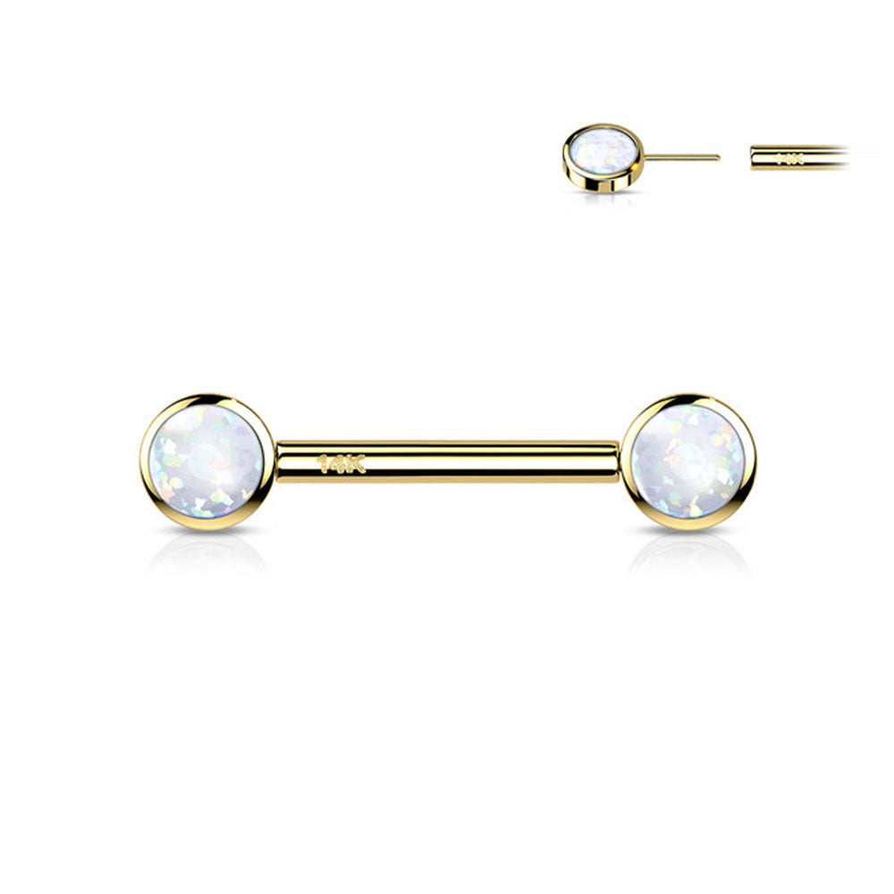 14 Karat Solid Gold 14 Gauge Nipple Barbell with Bezel Set Opal - Pair - photo 6