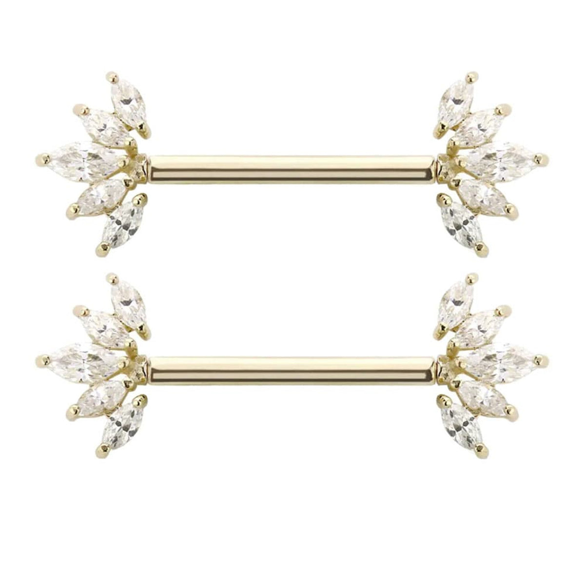 14K Solid Gold 14 Gauge Nipple Barbell with Half Marquise CZ - Pair - photo 3