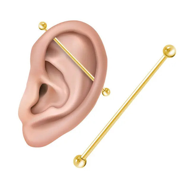 14 Karat Solid Gold Industrial Barbell 14 Gauge with 35 & 38 MM Length