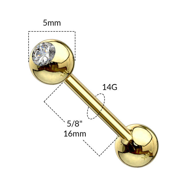 14 Karat Gold Straight Barbell 14 Gauge 5/8" (16 MM) With CZ Gem Top