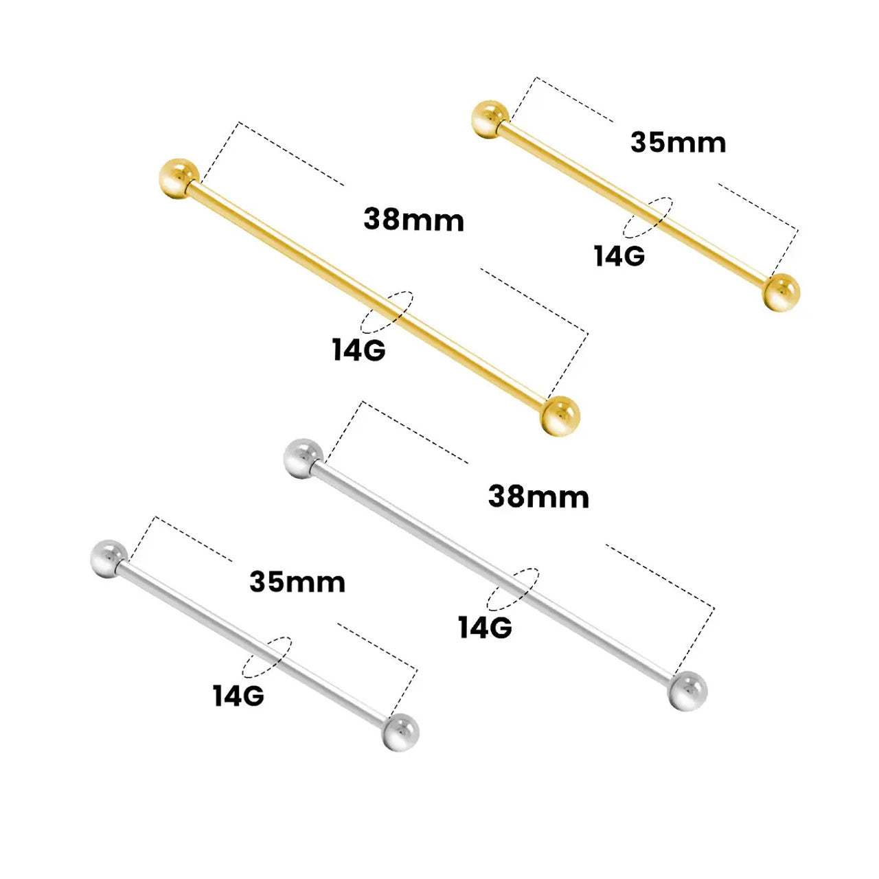 14 Karat Solid Gold Industrial Barbell 14 Gauge with 35 & 38 MM Length