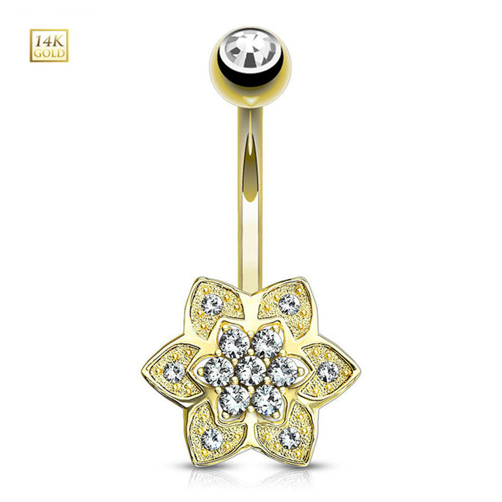 14K Solid Gold 14 Gauge Belly Ring with Petals Flower Cluster CZ - photo 6