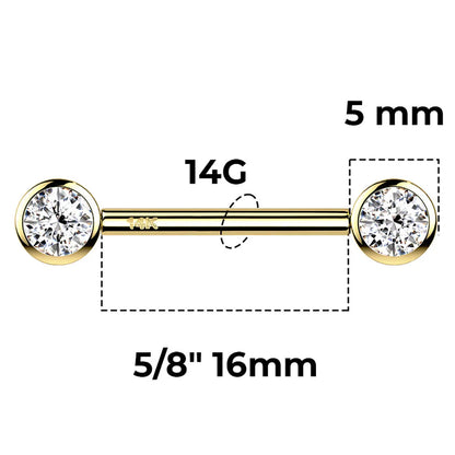 14 Karat Solid Gold Nipple Ring Barbell 14 Gauge & Threadless Round CZ