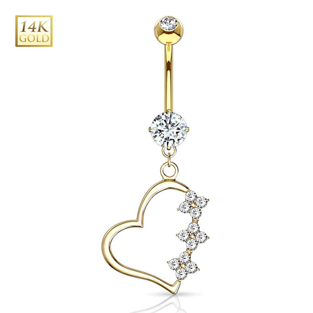 14K Solid Gold 14 Gauge Belly Ring with Triple Flower CZ Heart Dangle - photo 4