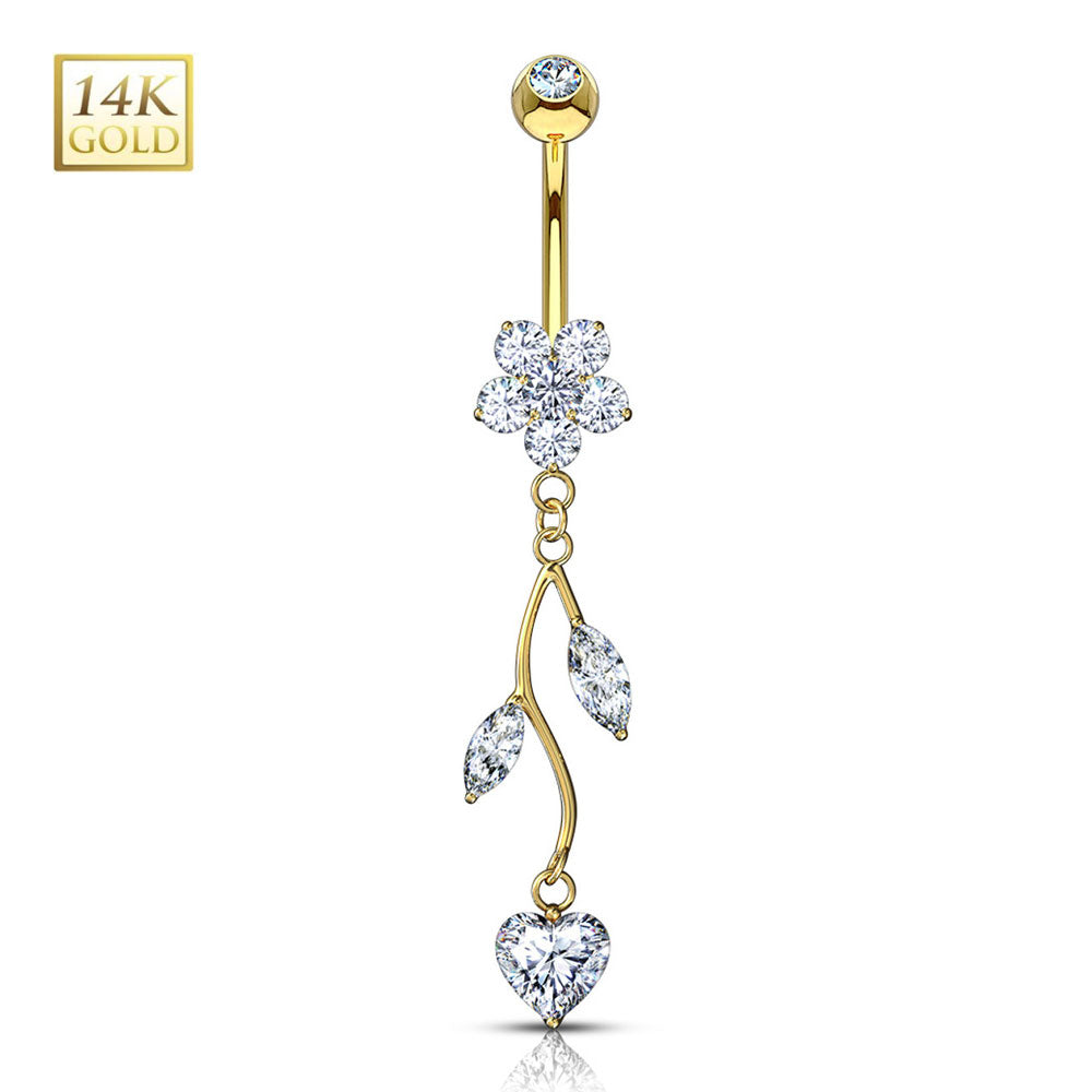 14K Solid Gold 14 Gauge Belly Ring with CZ Flower Dangle Vine - photo 4