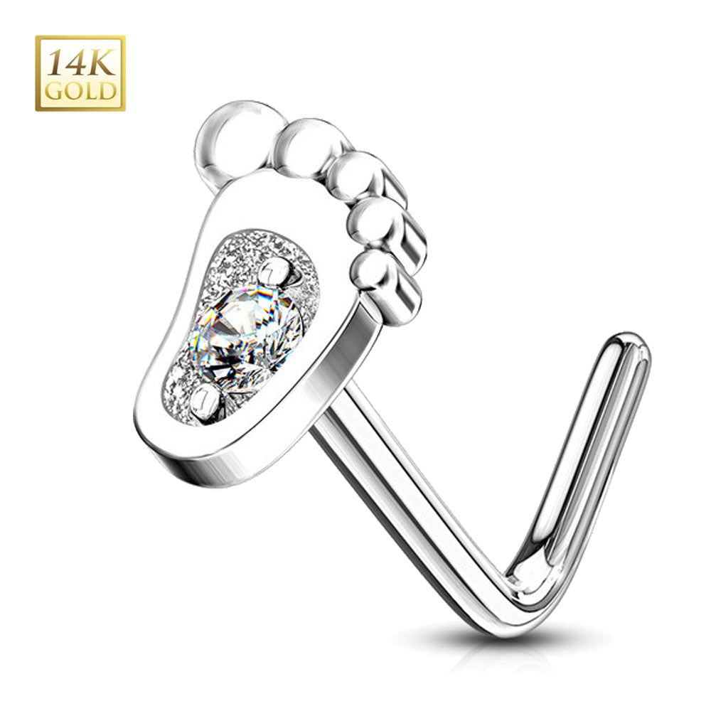 14K Solid Gold 20 Gauge L Shaped Nose Stud with Baby Feet CZ - photo 3
