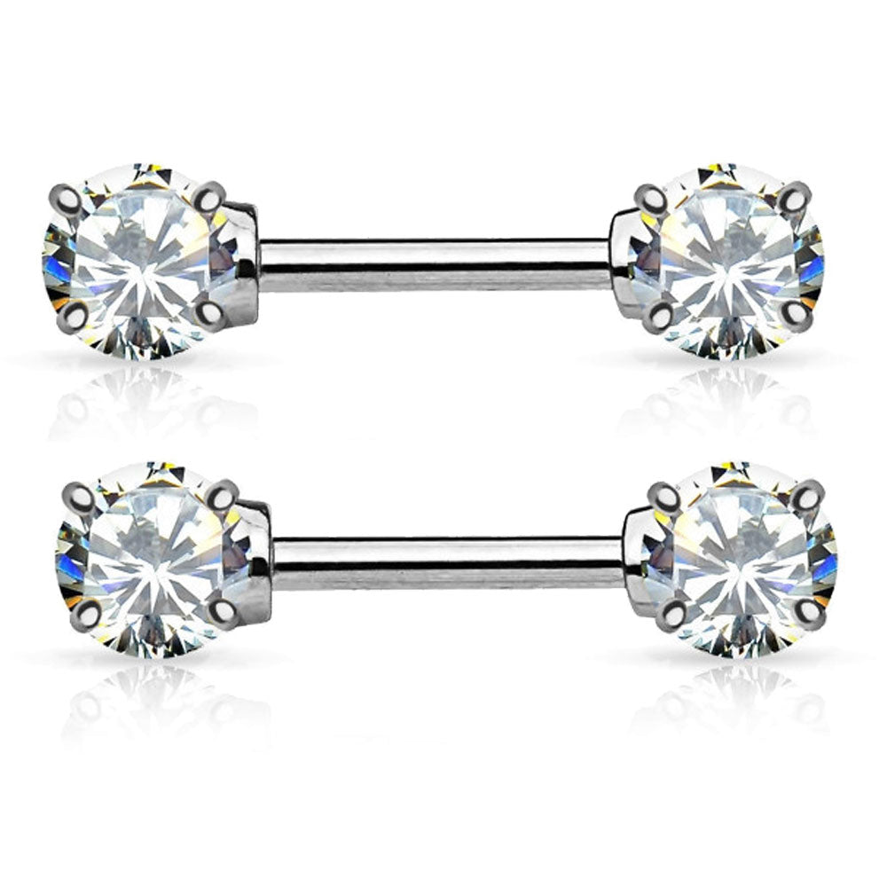 14K Solid Gold 14 Gauge Front Facing Clear CZ Nipple Barbell - Pair - photo 3