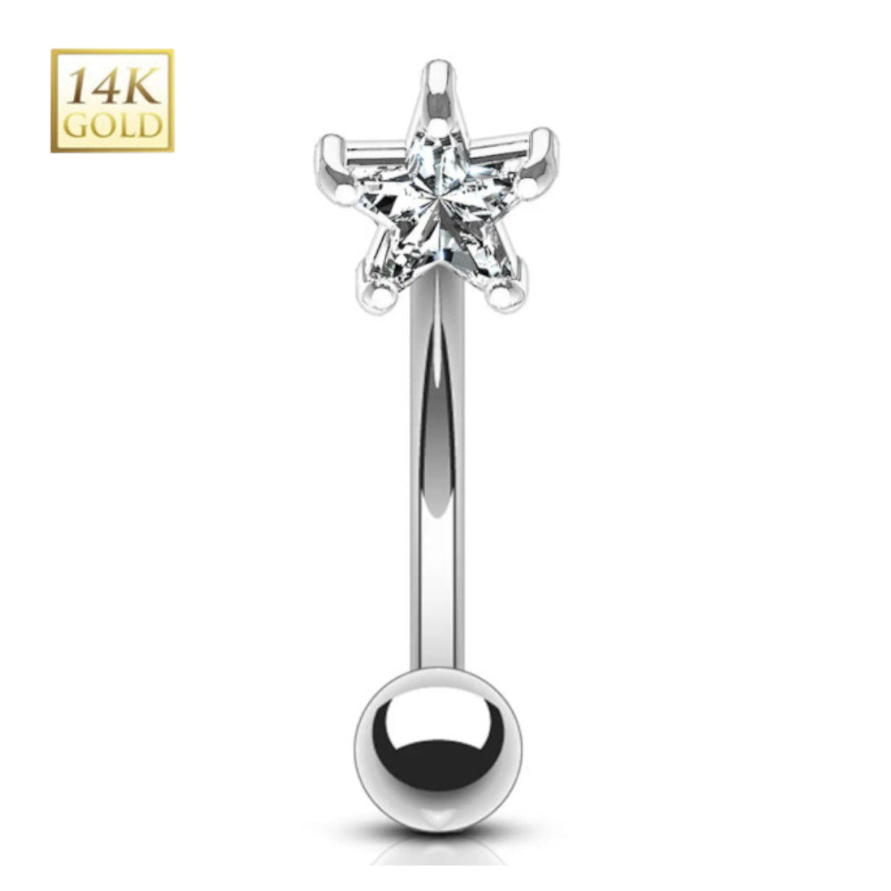 14K Solid Gold 16 Gauge Curved Eyebrow Barbell with CZ Star Top - photo 4