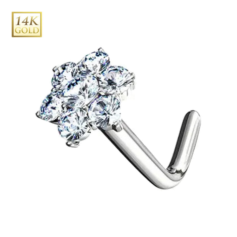 14K Solid Gold 18 & 20 Gauge Cluster CZ Flower L Shaped Nose Stud - photo 3