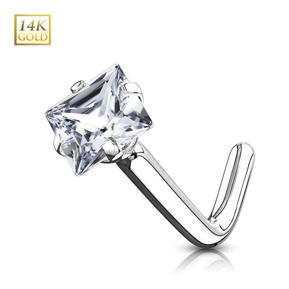 14K Solid Gold 20 Gauge L-Shaped Nose Stud with Square CZ - photo 3