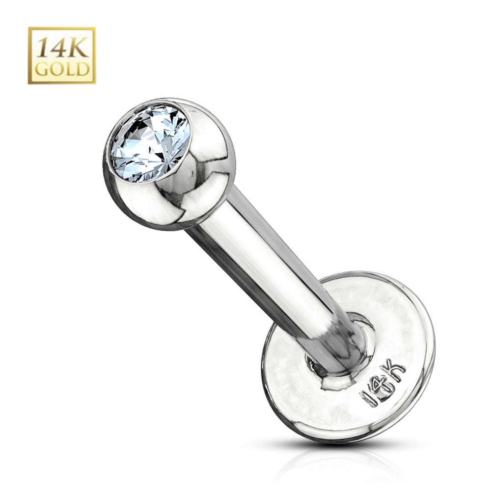 14K Solid Gold 14 and 16 Gauge Flat Back Labret Stud Clear CZ - photo 7