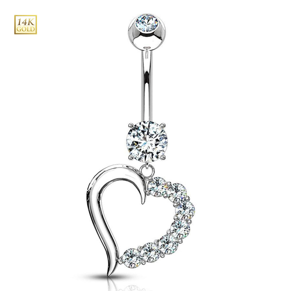 14K Solid Gold 14 Gauge Belly Ring with Dangle Journey Heart CZ - photo 4