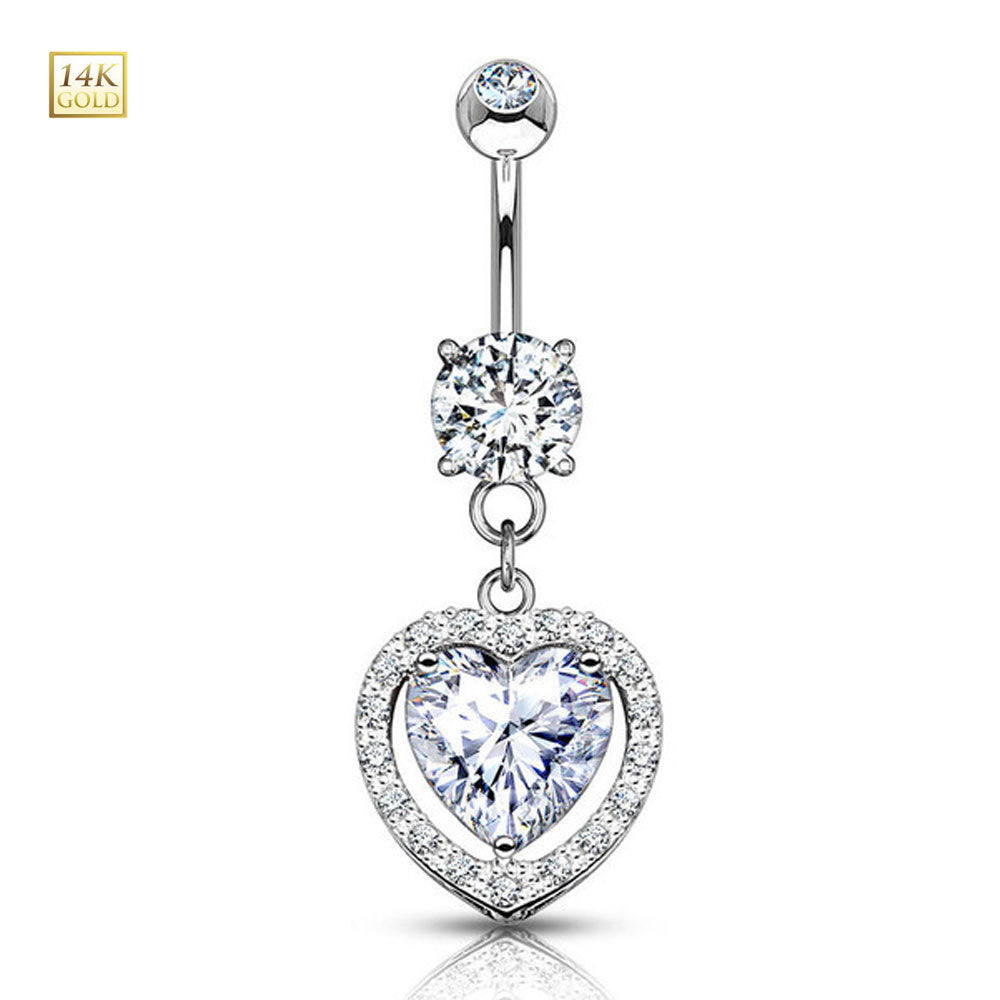 14K Solid Gold 14 Gauge Belly Ring with Dangle Solitaire Heart CZ - photo 5