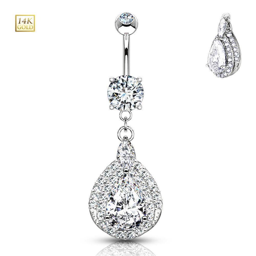 14K Solid Gold 14 Gauge Belly Ring with Dangle Teardrop Sparkle CZ - photo 3